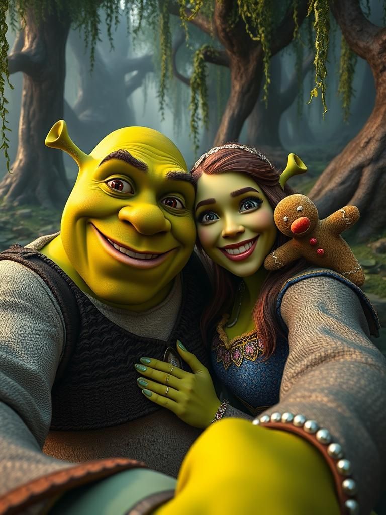 Shrek and Fiona Selfie Photobombed in Fantasy Art Style
