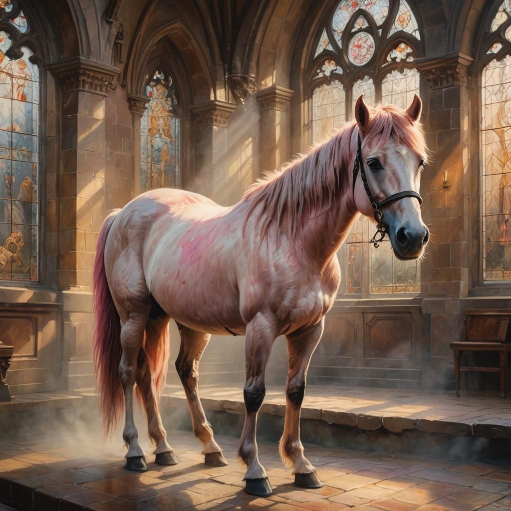Pink Pony in Misty Chapel: Impressionist Oil Painting