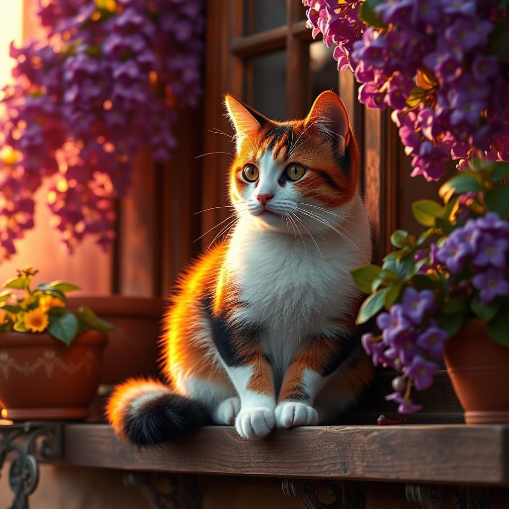 Hyperrealistic Calico Cat in Wisteria Sunset