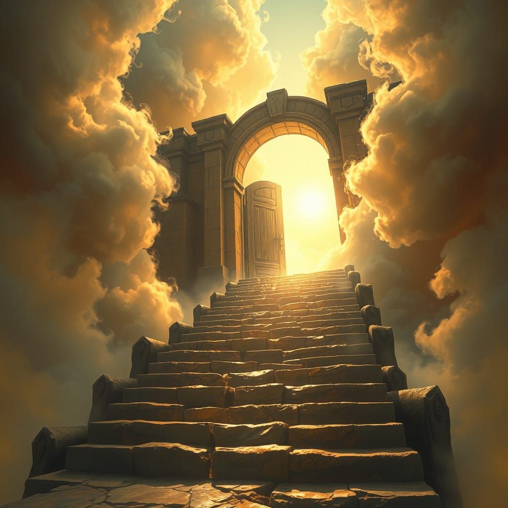 Ethereal Stairway to Shimmering Gate in Fantasy Style