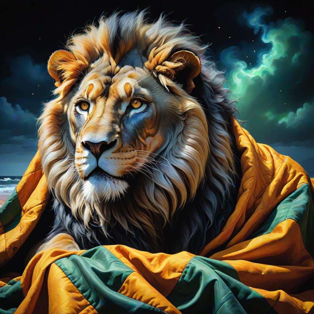 Weary Man on Beach with Fiery Creatures in Oil Painting Styl...