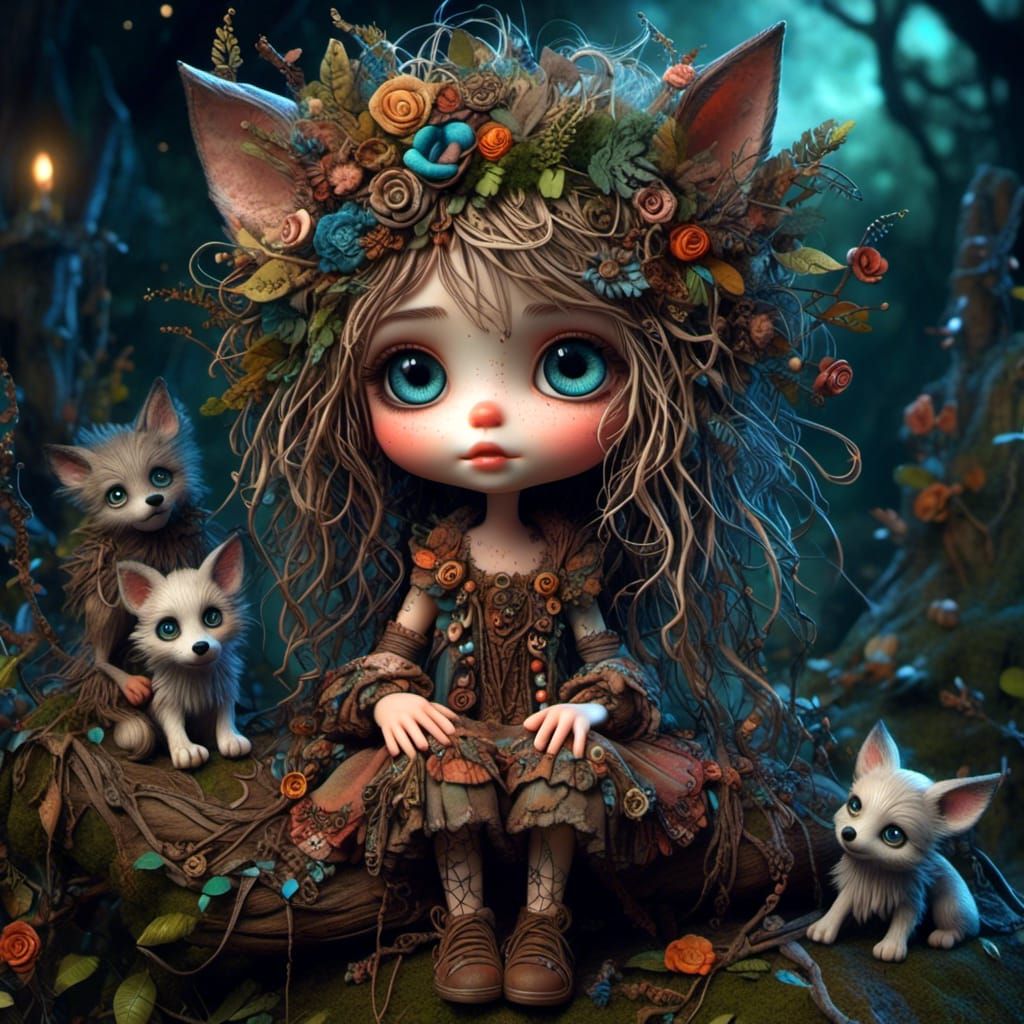 Boho Pixie Girl with Wolf Pup in Magical Forest