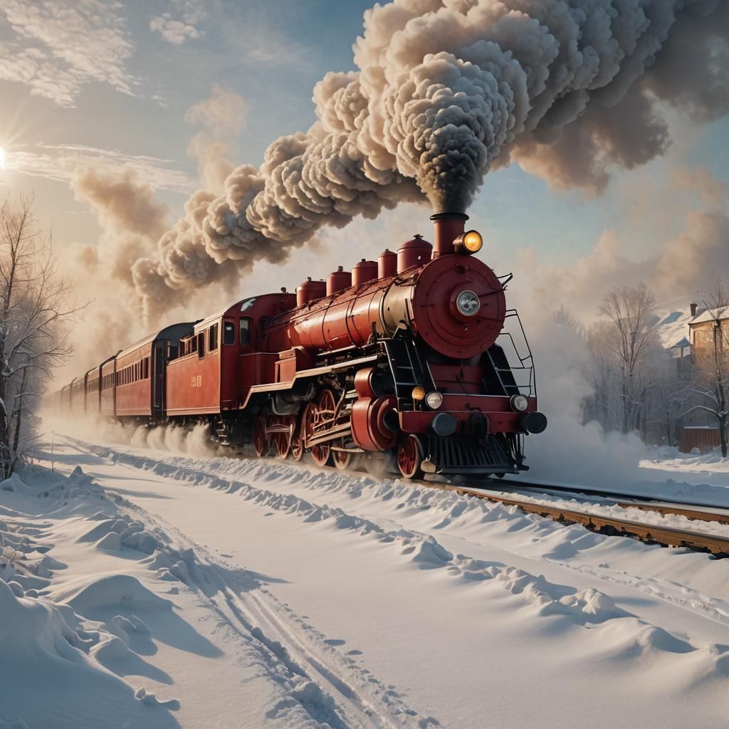 Red Steam Train Across Siberian Winter Landscape