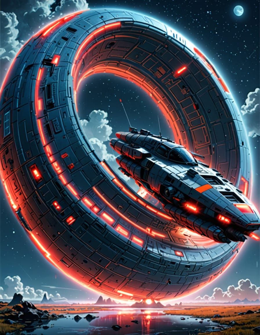 Sleek Futuristic Spaceship Speeds Through Cosmos in Neon Hue...