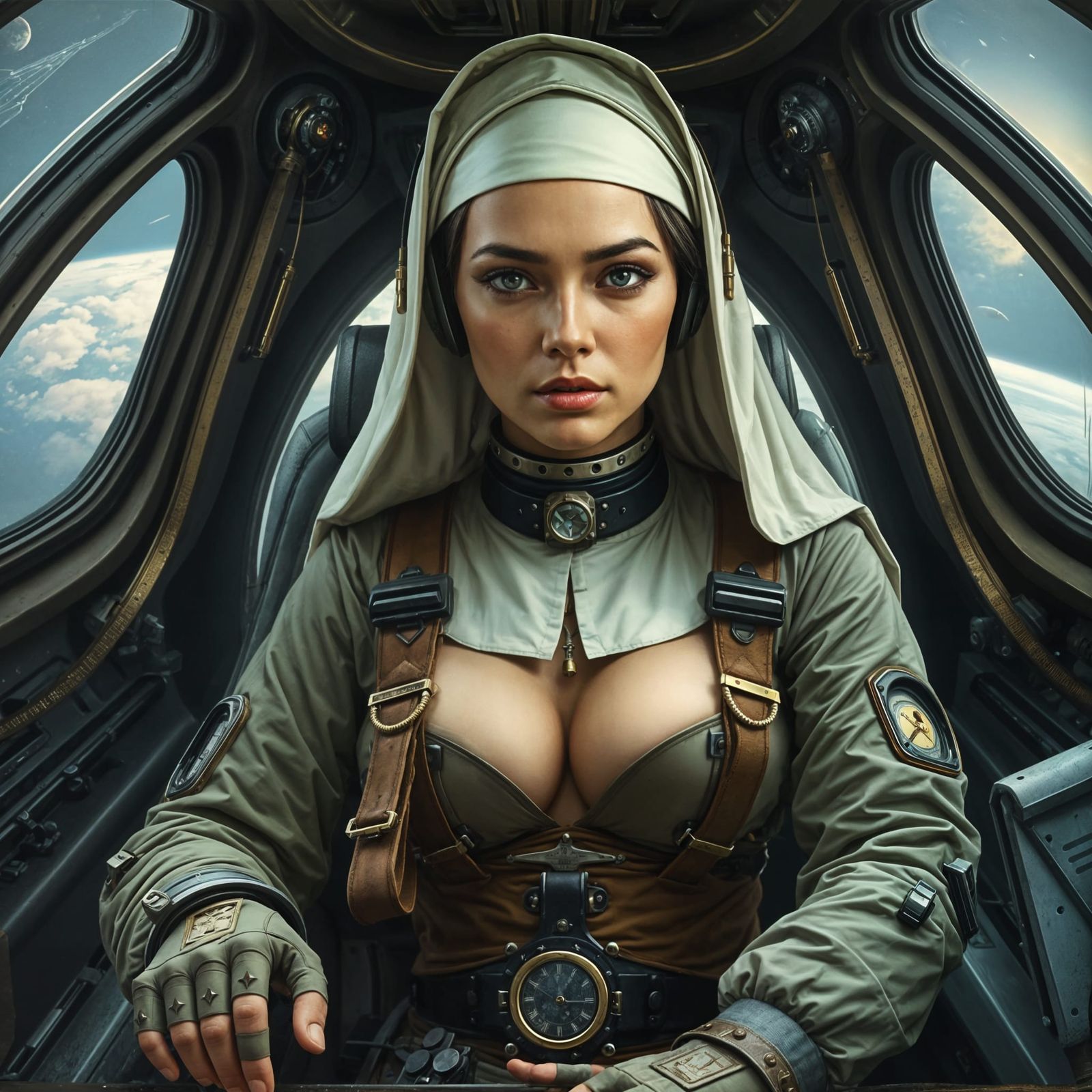 Dystopian Sci-Fi: Steampunk Nun Astronaut in Spaceship