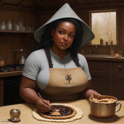 Kitchen Witch Baking Pie in Cozy Hut