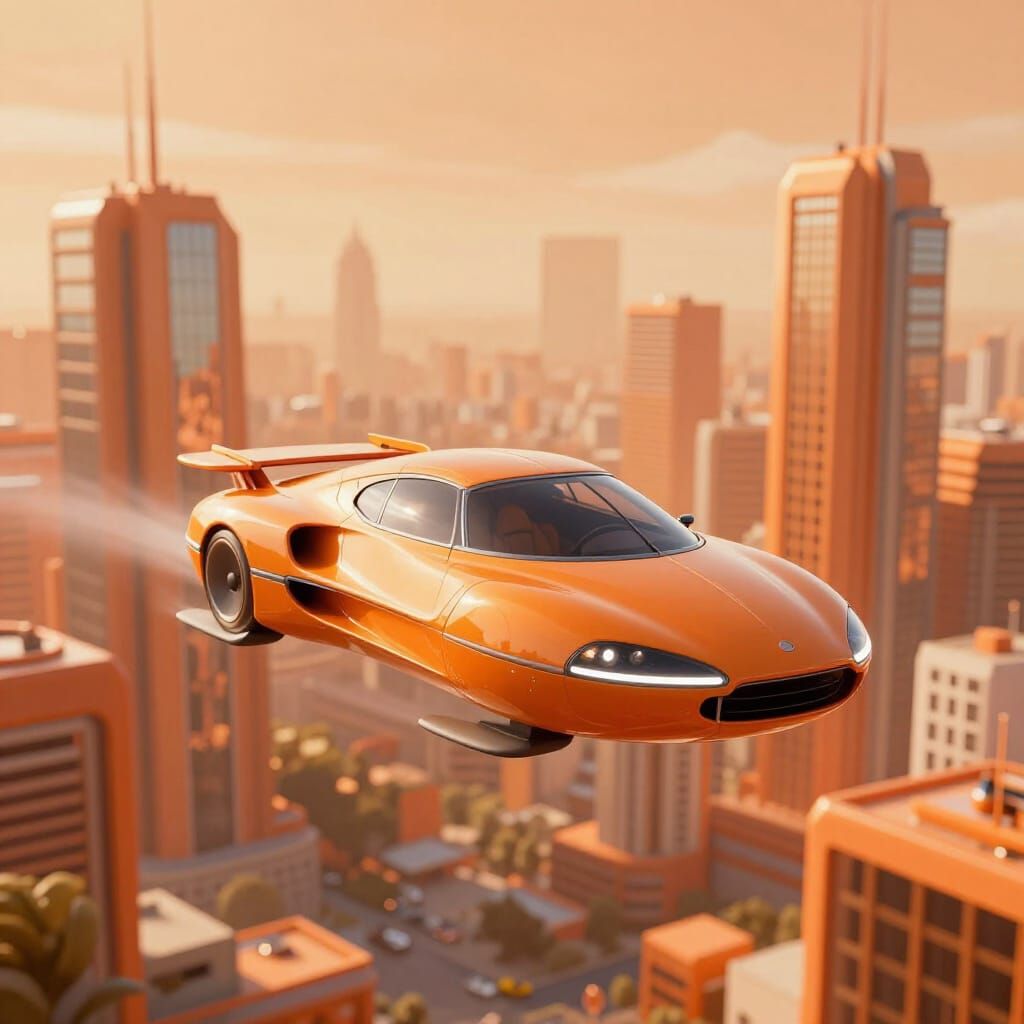 Retro-Futuristic Flying Cars in Orange Cityscape