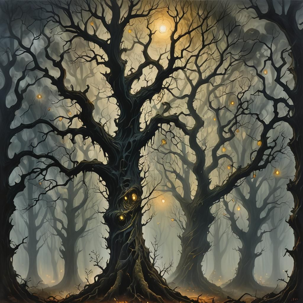 Eerie Impressionist Landscape with Trees and Fireflies