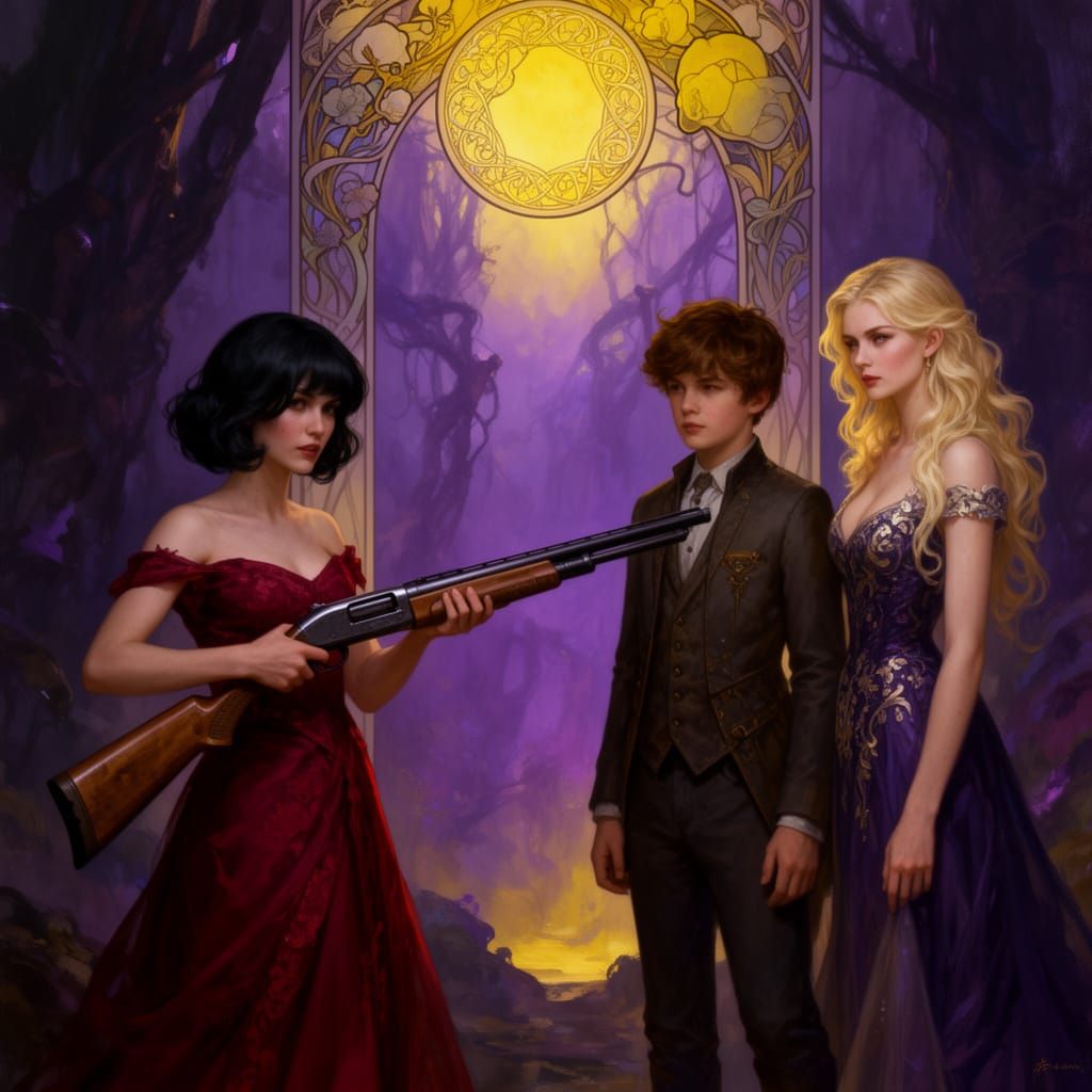 Elegant Woman in Red Dress Holds Shotgun in Dark Fantasy Art