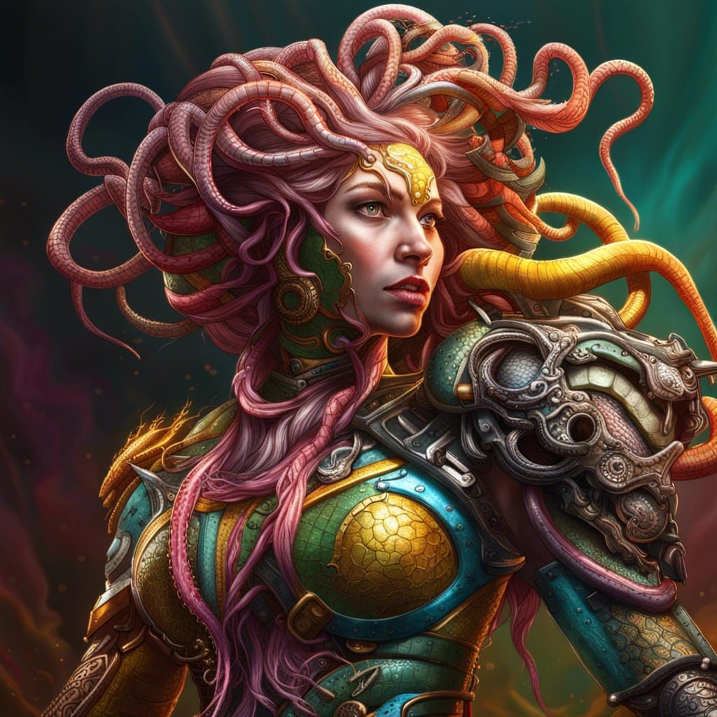 Medusa with Worms in Battle Armor, Hyperrealistic Art