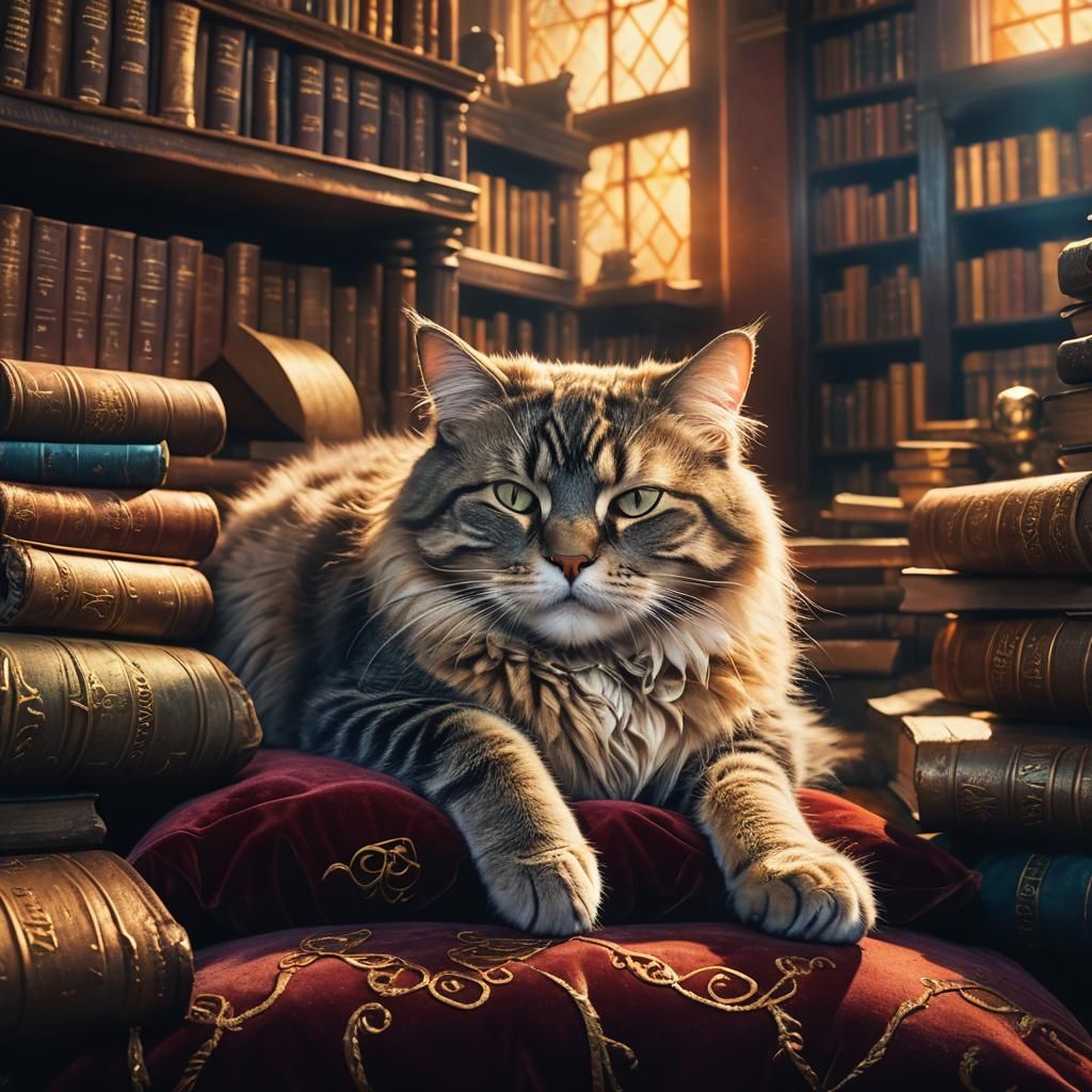 Sleepy Cat in Mystical Library: Digital Matte Painting