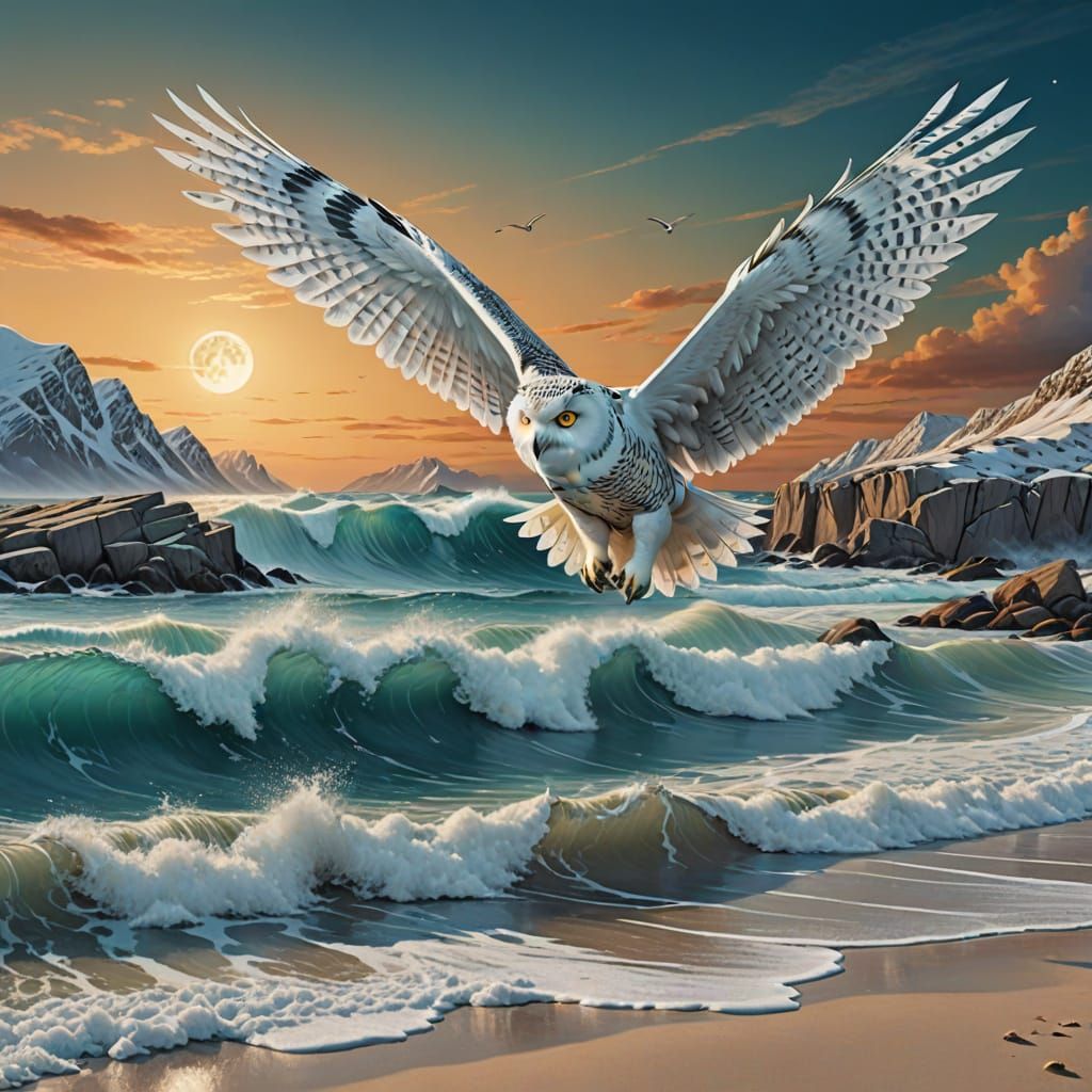 Vibrant Snow Owl Soars Between Moonlit Peaks and Sunlit Shor...