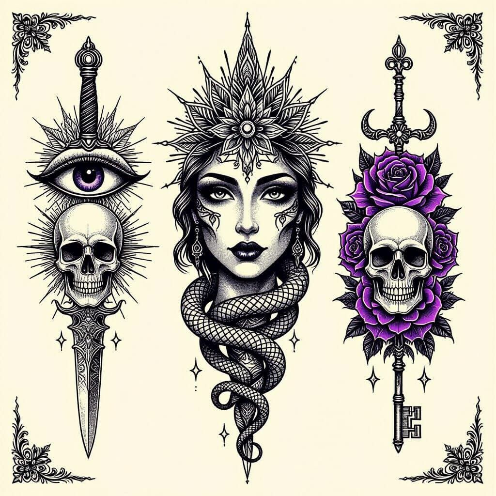 Mystical Tattoo Flash Sheet with Geometric Designs