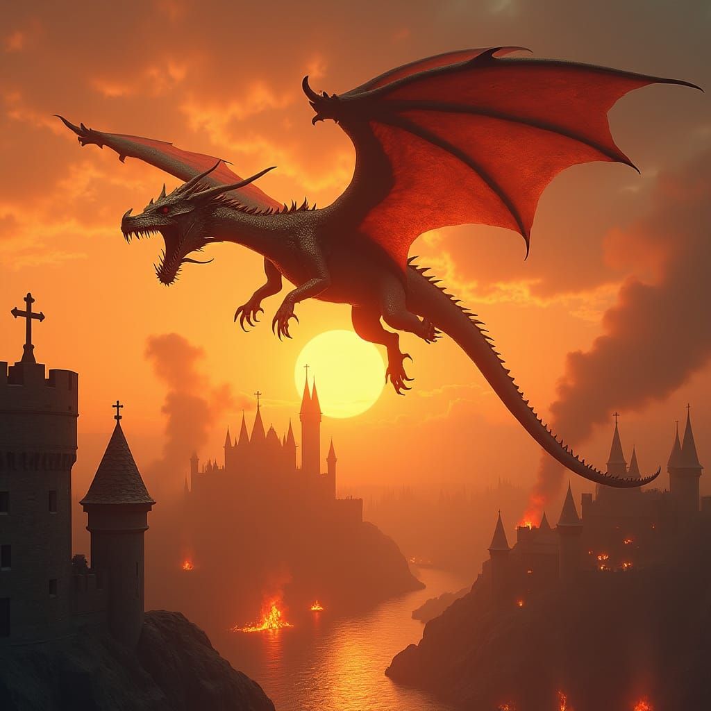 Dragon Soaring Above Burning Castle at Sunset