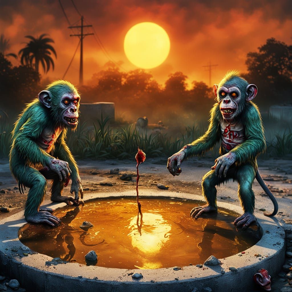 Zombie Monkey Clowns in Cement Pond: Hyper-Realistic Art