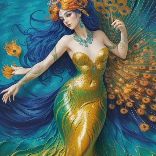 Mermaid with Peacock Tail in Abstract Art Style
