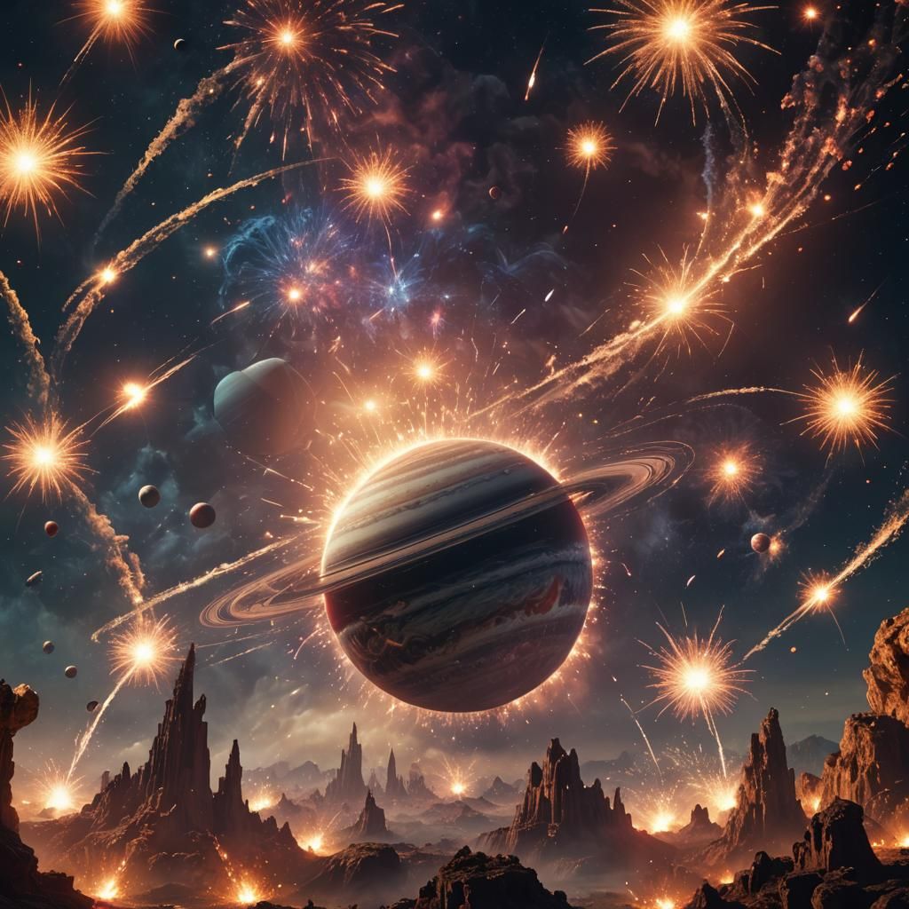 Fireworks Over Saturn: Detailed Fantasy Concept Art