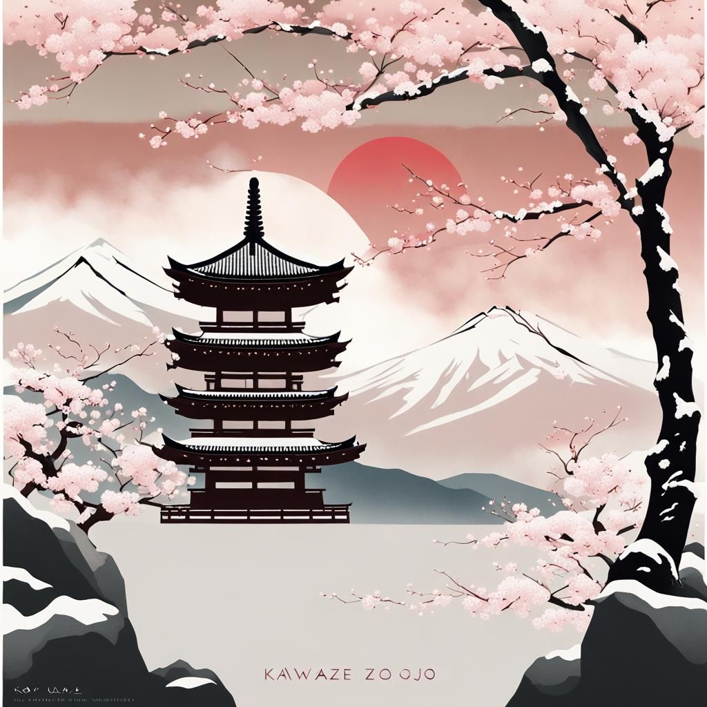 Zen Temple Landscape with Cherry Blossoms, Airbrush Art