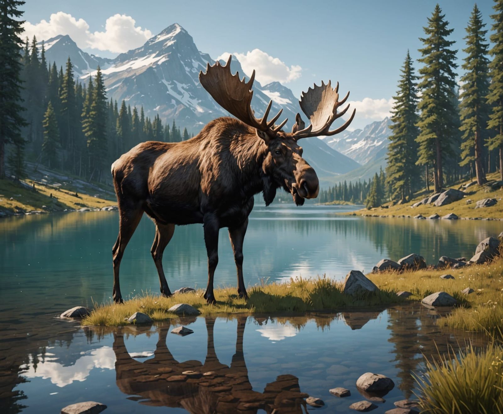 Moose grazing near a lake