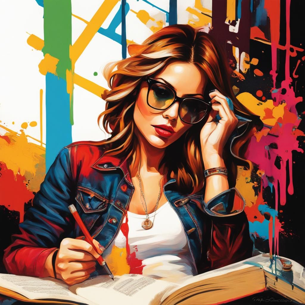 Woman Studying Graffiti Art in Splash Art Style