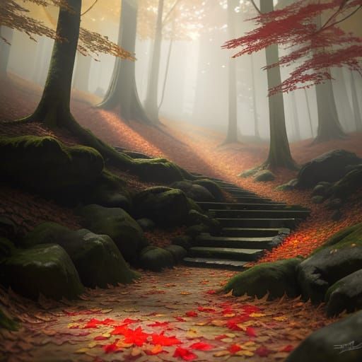 Single Red Leaf Falls in Misty Autumn Forest Landscape