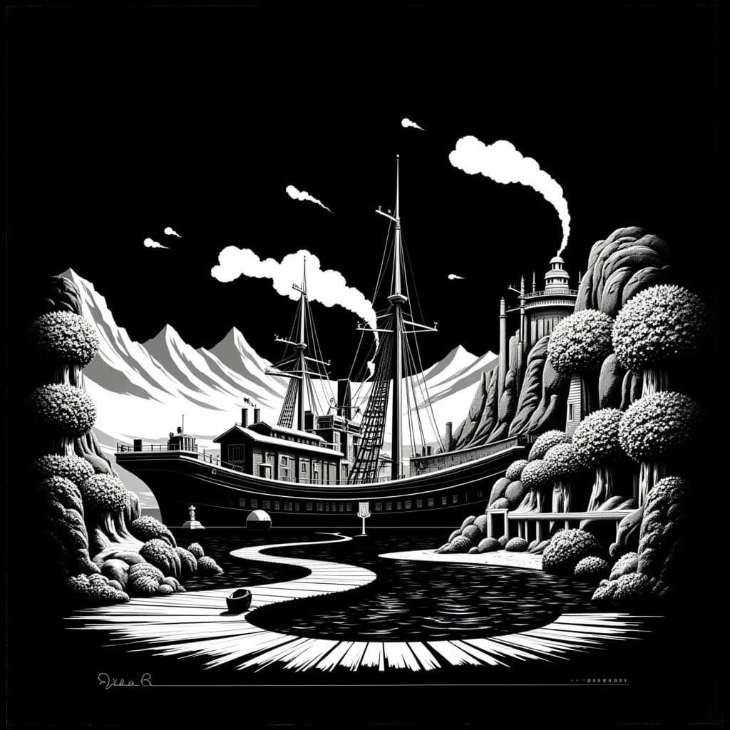 Ancient Harbor with Vintage Locomotive in Photorealistic Sty...