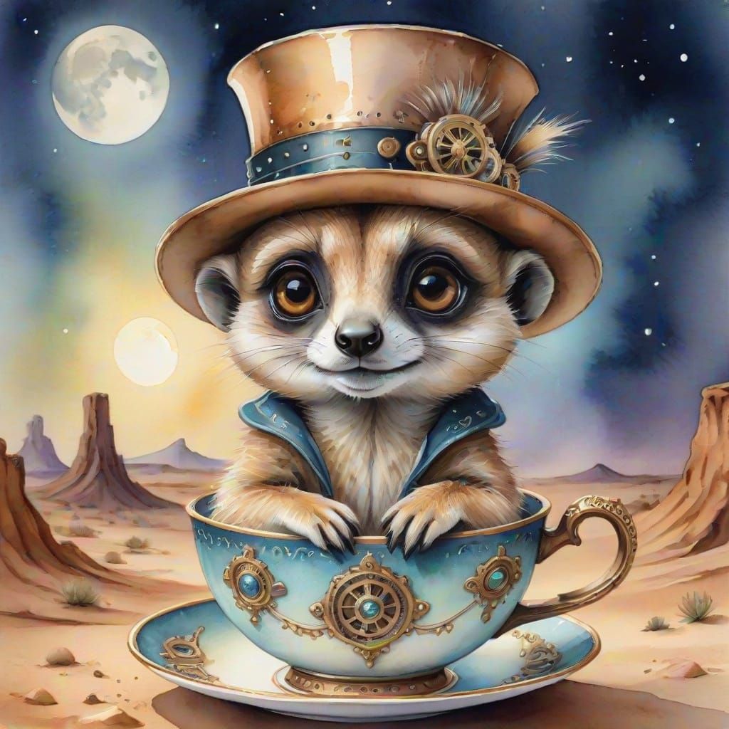 Steampunk Meerkat in Teacup: Watercolor Portrait