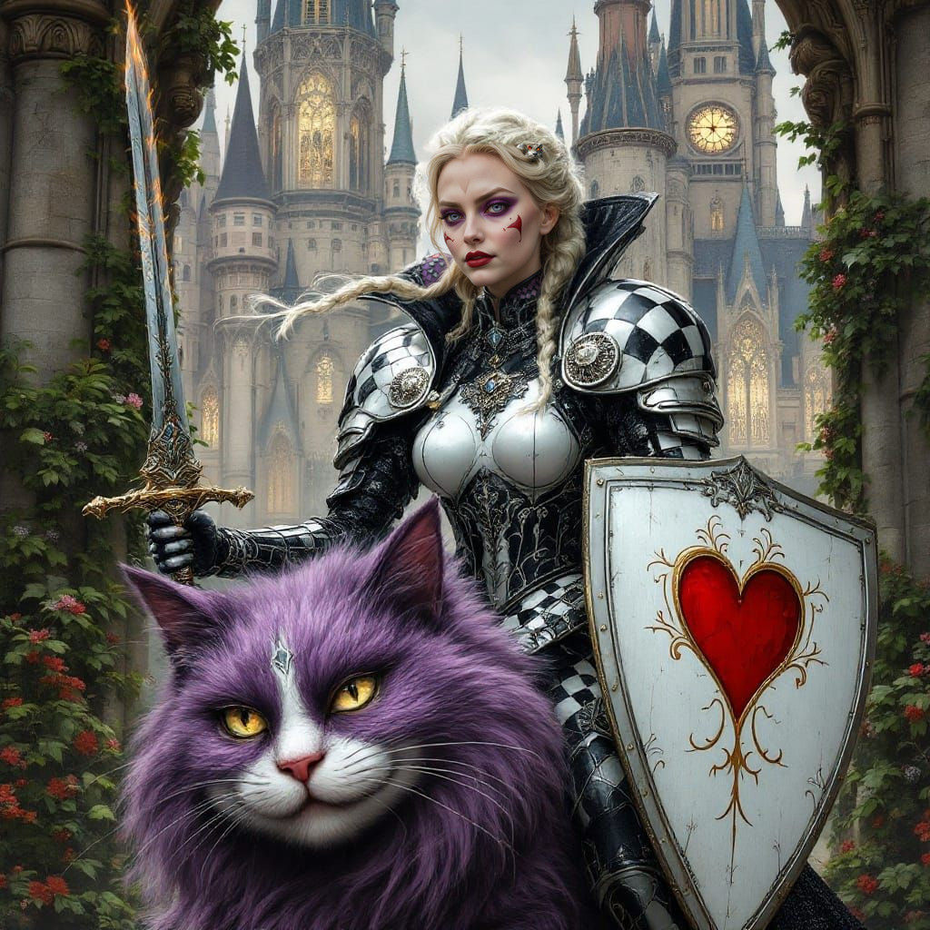Gothic Warrior Maiden Rides Cheshire Cat Amidst Queen of Hea...