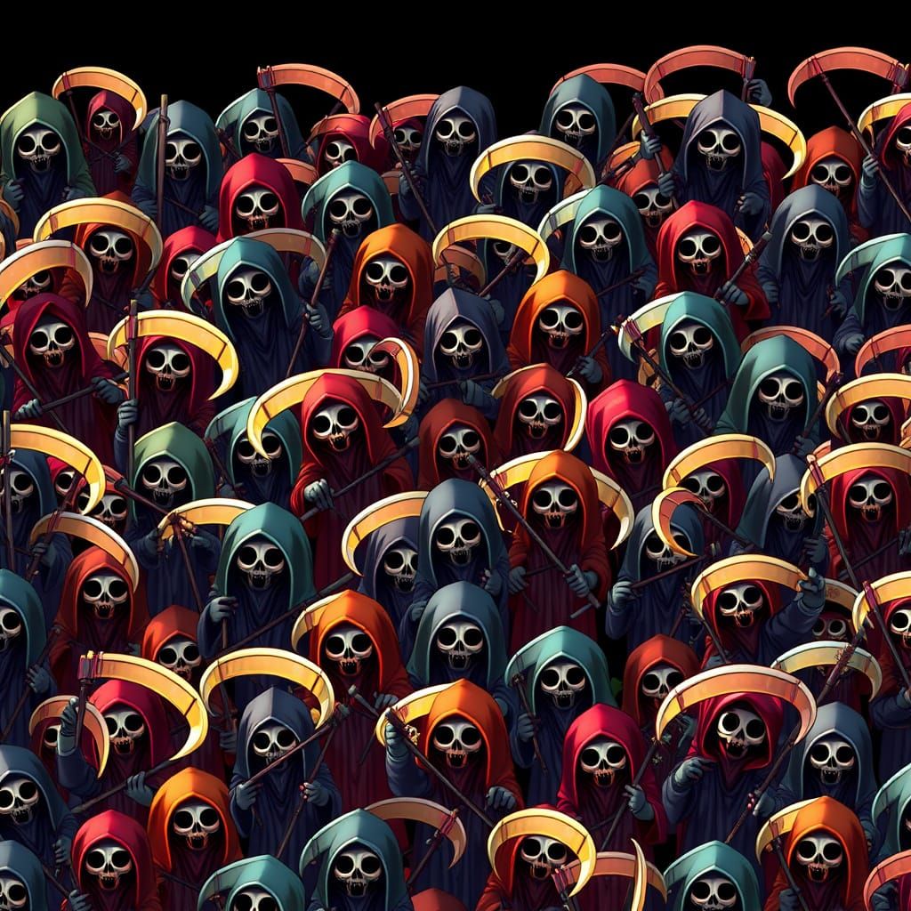 Cartoon Grim Reapers in Vibrant Grid Pattern
