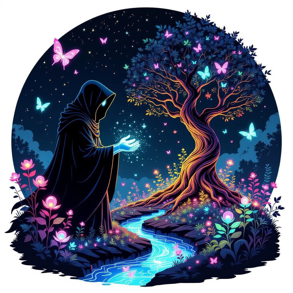 Quantum Gardener Tends Bioluminescent Flora on Obsidian Worl...