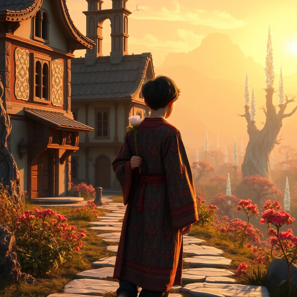 Mystical Scholar with Rose at Ancient Schoolhouse