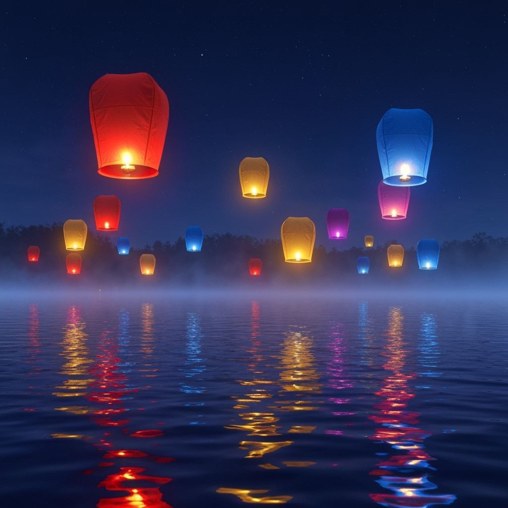 Floating Lanterns Reflect on Still Lake at Night