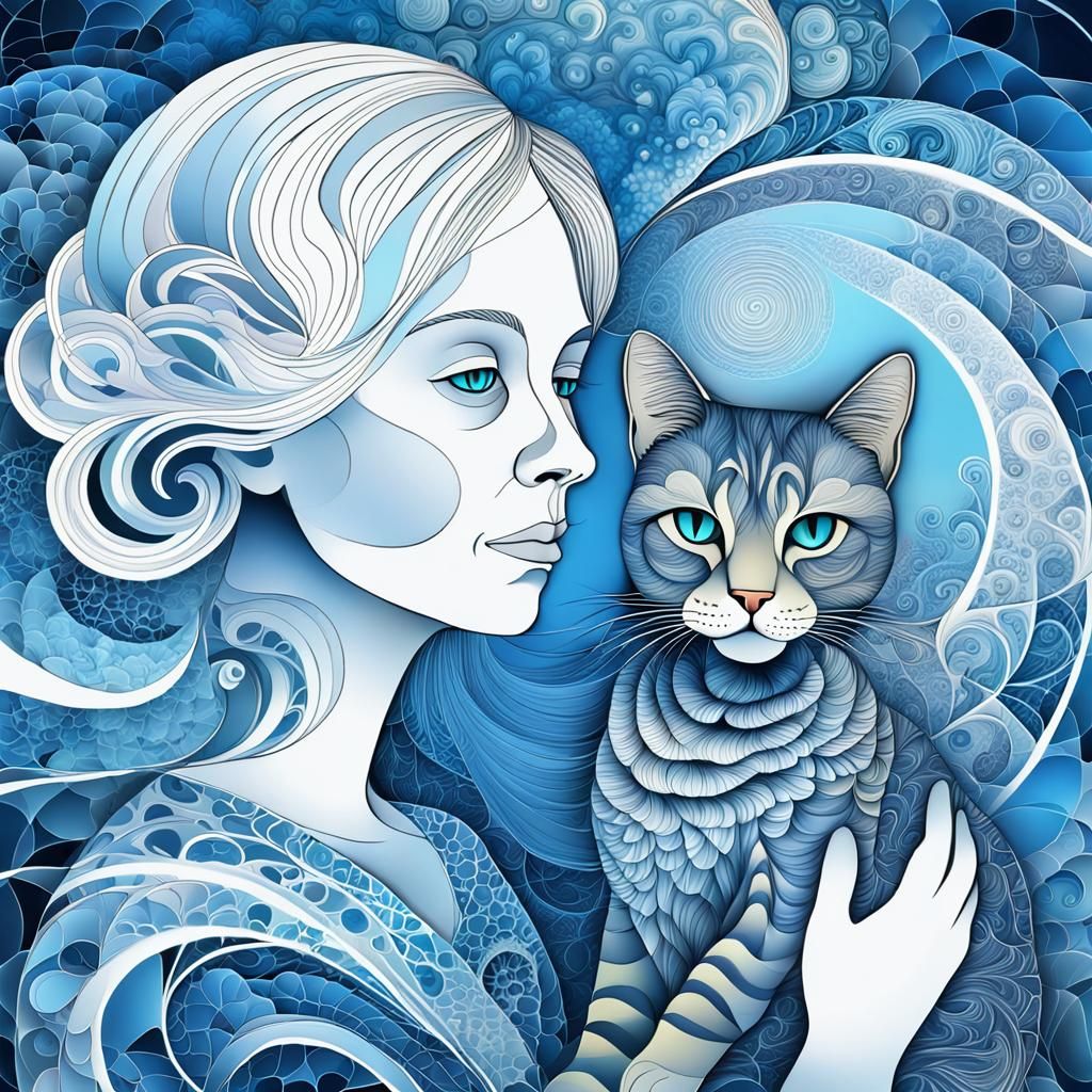 Stressed Woman with Cat in Abstract Fractal Art
