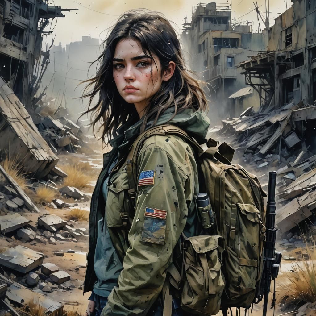 Teenage Girl in Wasteland: Watercolor Illustration