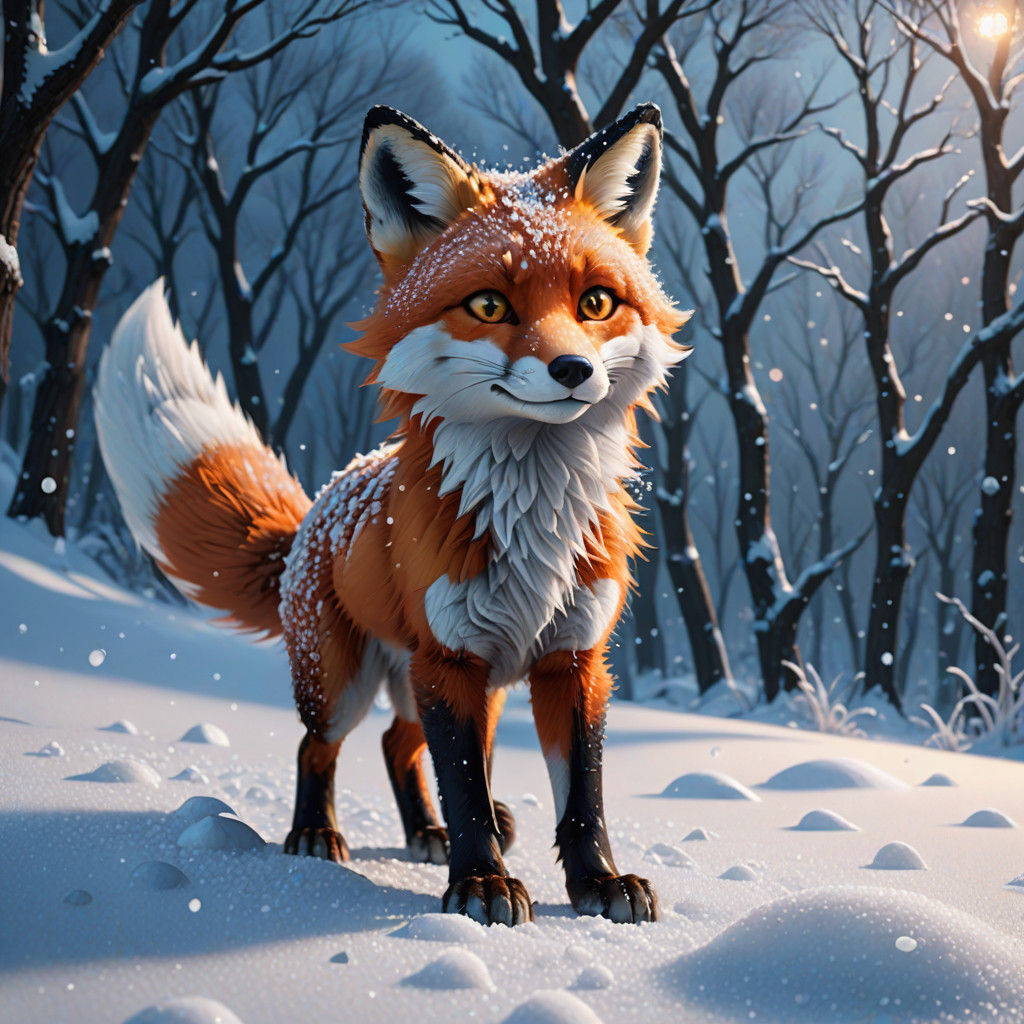 Vibrant Red Fox Descends Snowy Hill in Hyper-Realistic Digit...