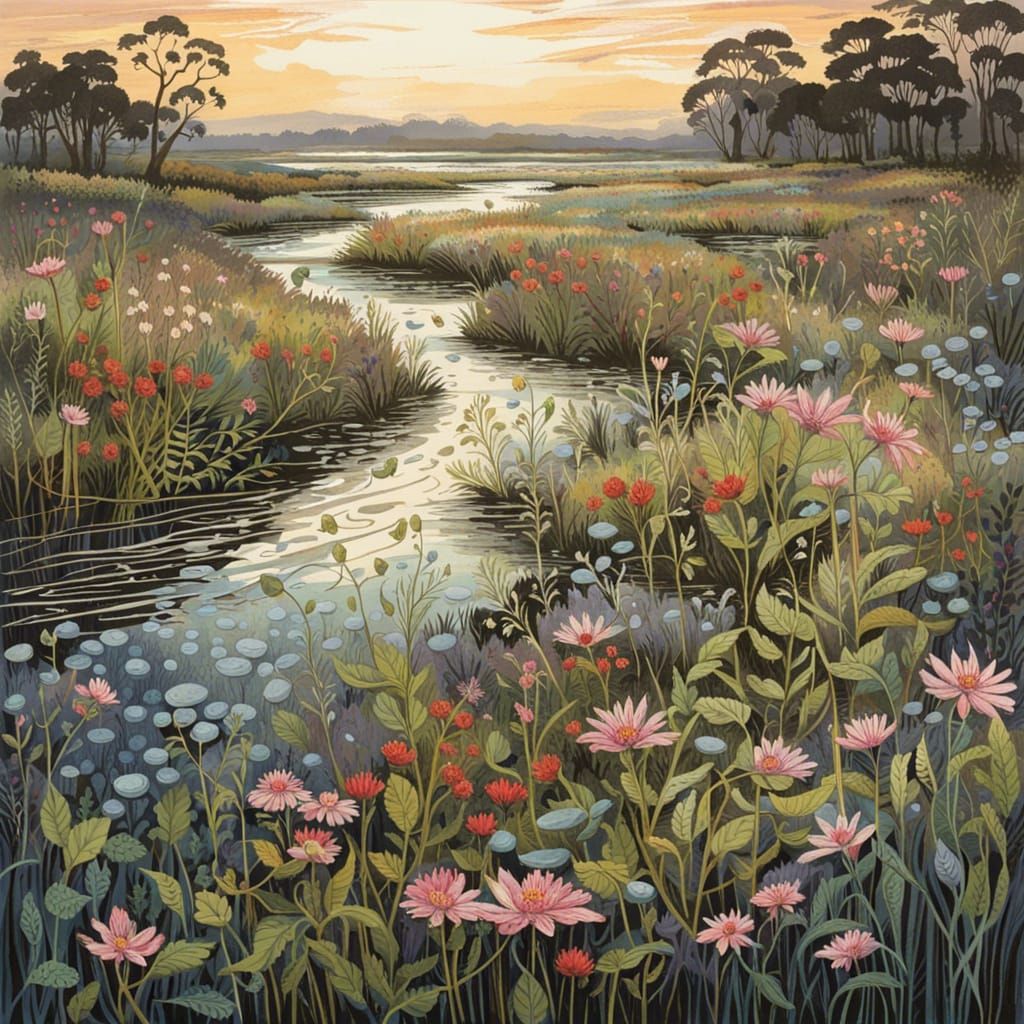 Misty Bog with Wildflowers in Evening Light