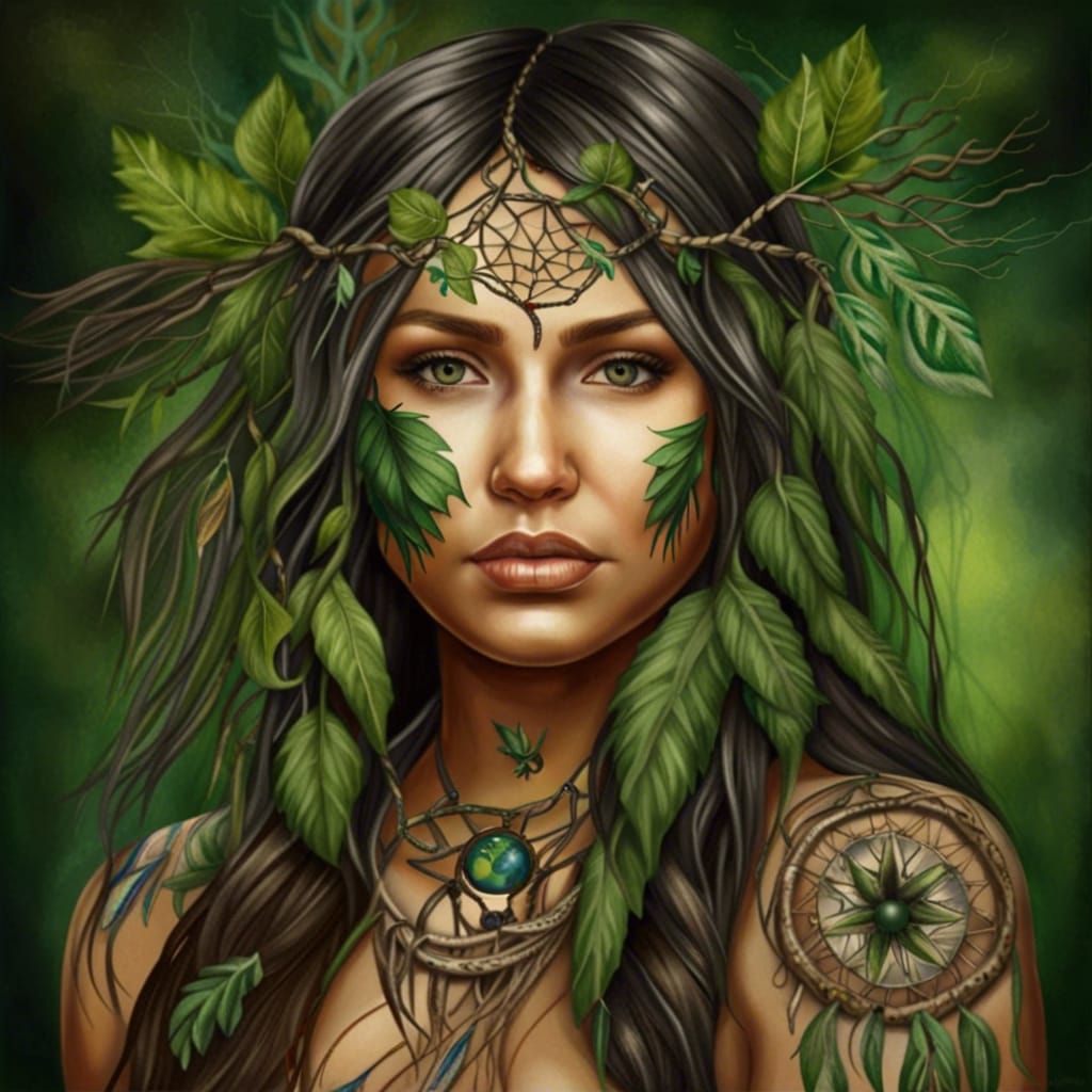 Indigenous forest queen of the woods, queen of the forest, Mother Earth, dream catcher feminine spirit braids bangs leav...