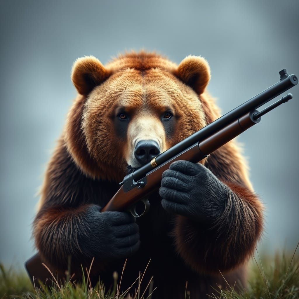 Kodiak Bear Armed with Vintage Machine Gun