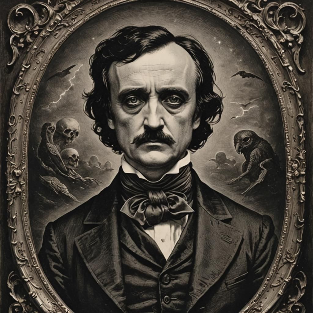 Poe in Celestial Horror Engraving Style