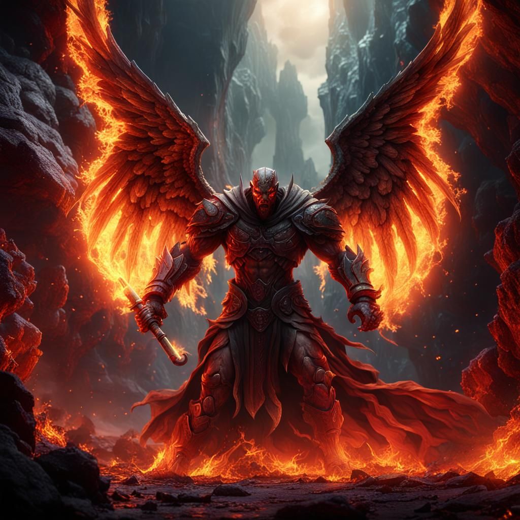 Burning Angel Fighting in Dark Cave: Fantasy Art