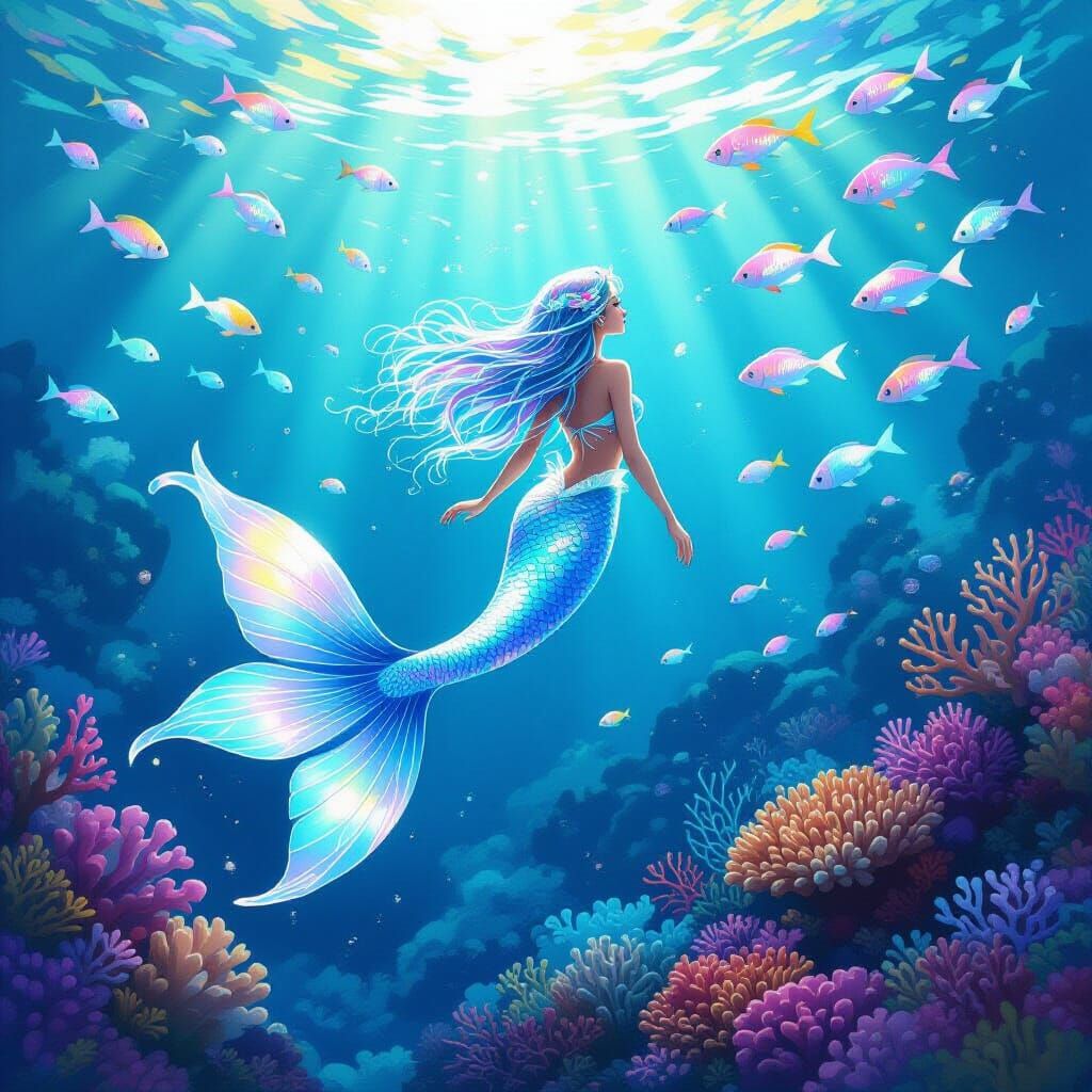 Bioluminescent Mermaid in Coral Reef, Watercolor Art