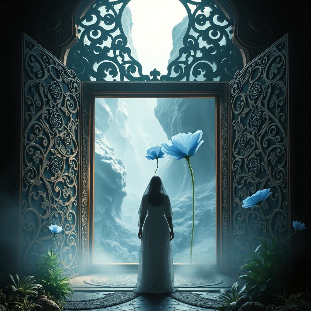 Serene Figure Before Intricate Wooden Window in Cosmic Dream...