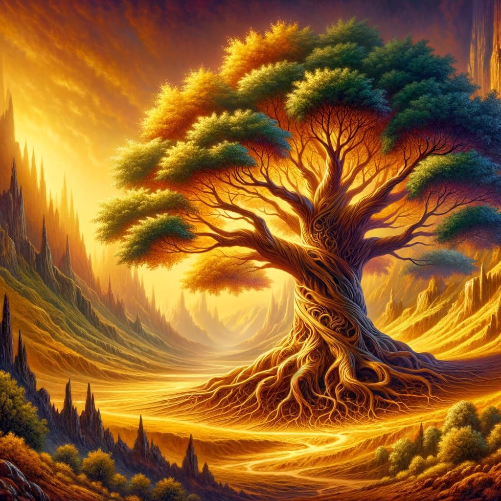 Majestic Tree of Life in Golden Middle Earth
