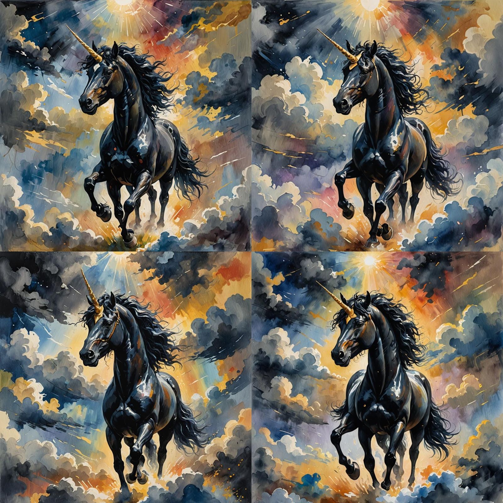 Black Unicorn in Gouache Watercolor Impressionist Style