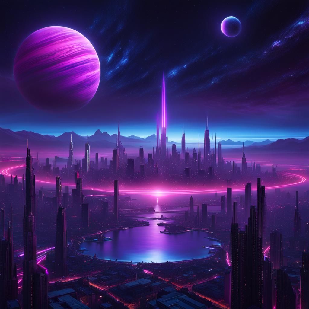 Neon City on a Distant Purple Planet