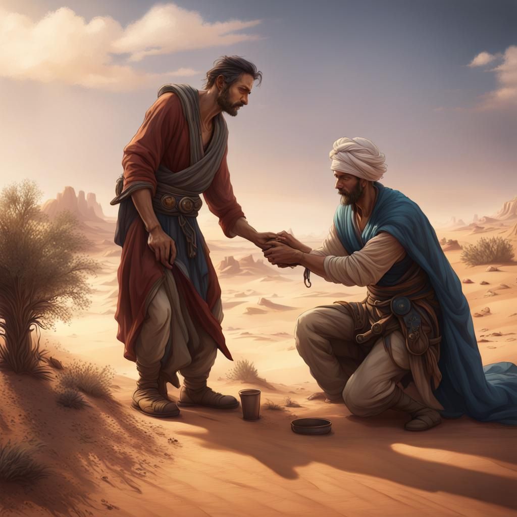 Ancient Desert Scene: Man Helping Another in Distress