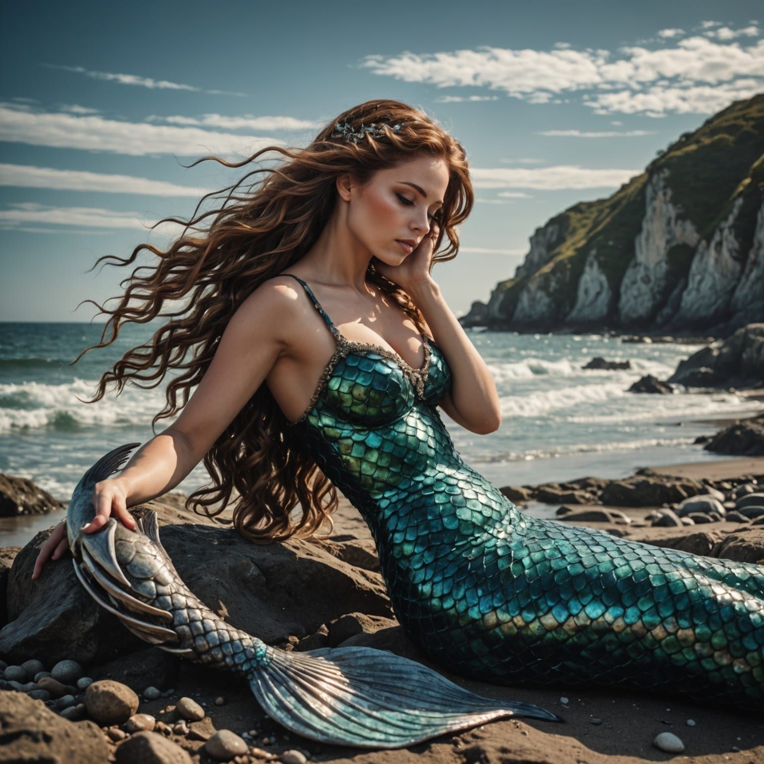 Hyperrealistic Mermaid Combing Hair by Sea