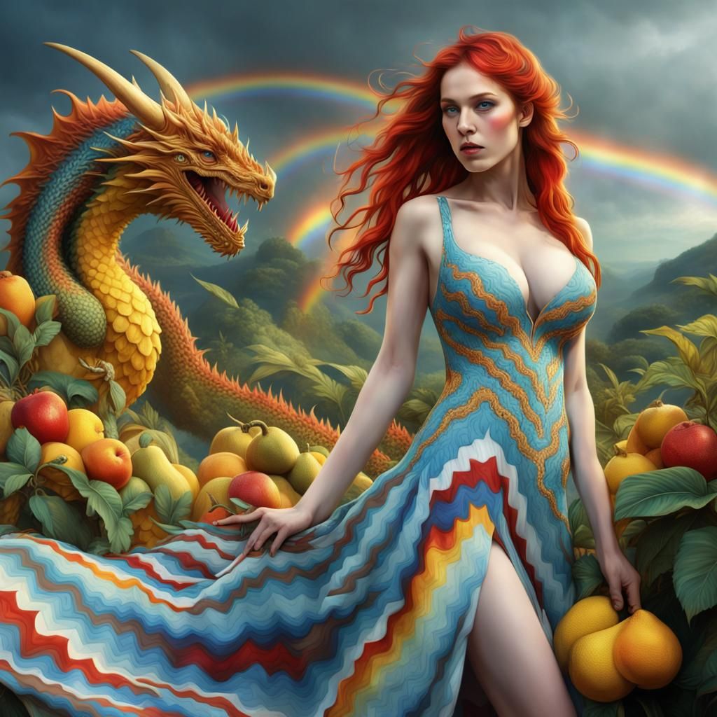 Girl and Dragon in Rainbow Fruit Garden