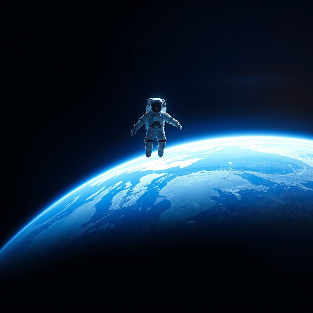 Astronaut Floating Above Earth in Futuristic Neon-Lit Sci-Fi...