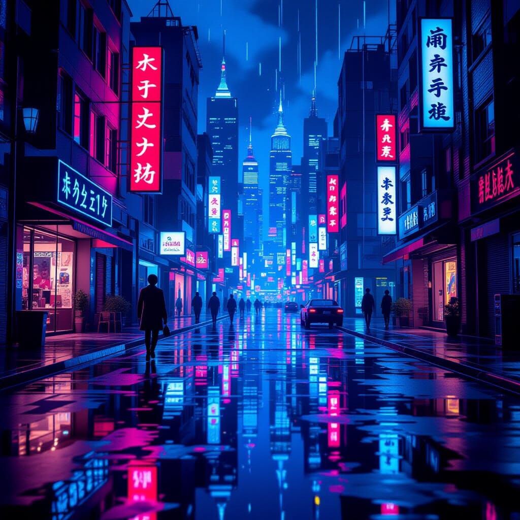Papercraft Cyberpunk Cityscape with Neon Reflections